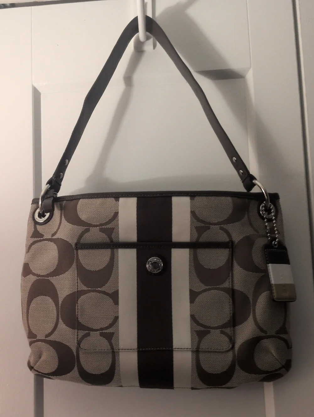 Coach Hampton Khaki and Chocolate Signature Stripe Shoulder Bag
